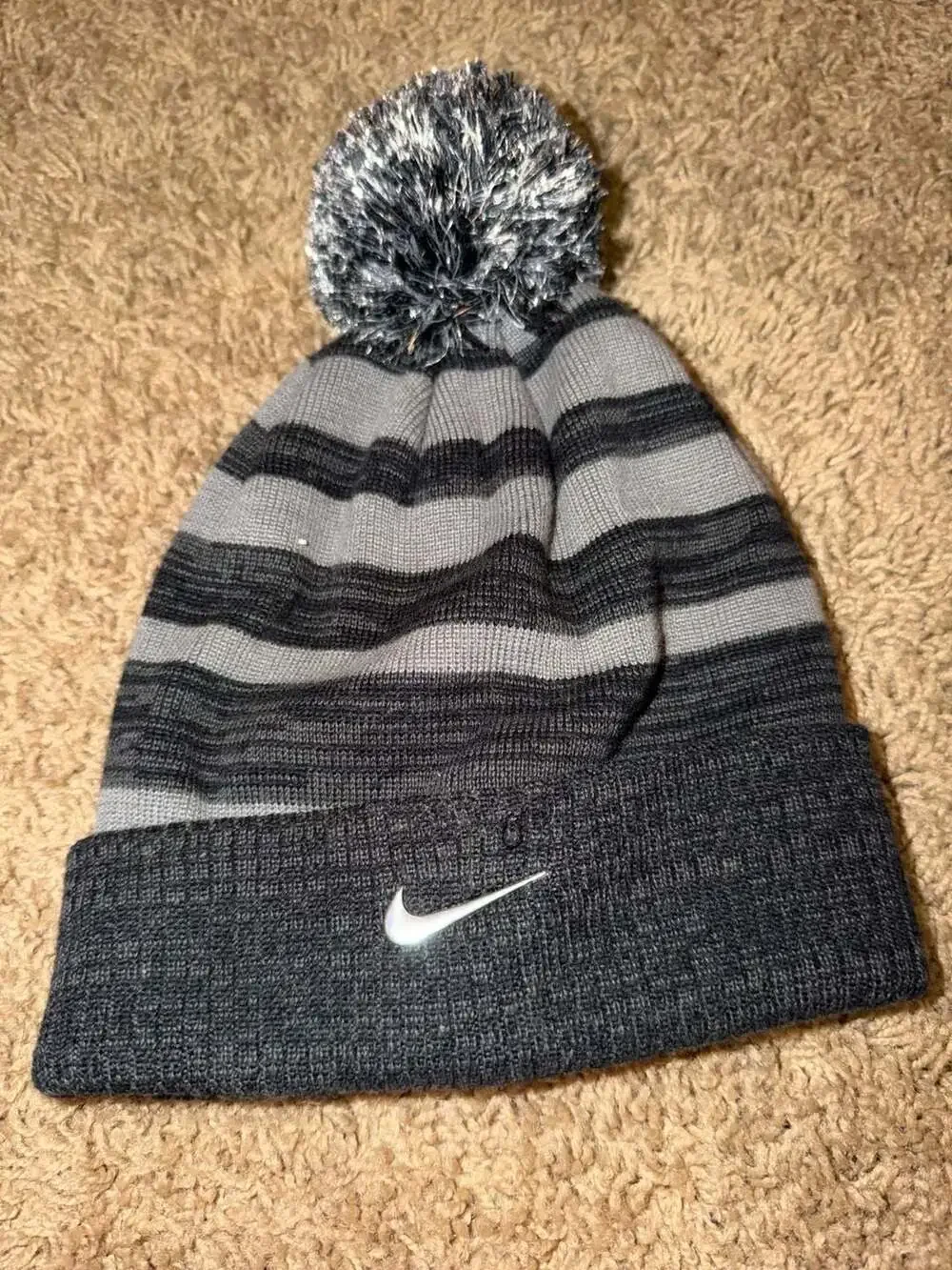 Nike Youth Knit Striped Pom Beanie Hat Grey/Black